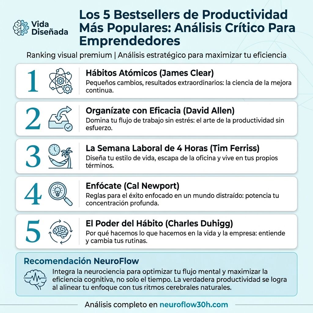 Infografía: Los 5 Bestsellers de Productividad Más Populares: Análisis Crítico Para Emprendedores