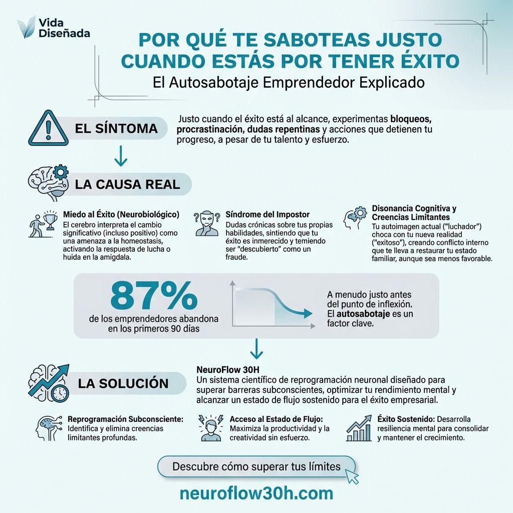 Infografía: Autosabotaje Emprendedor: Tu Cerebro No Sabotea Tu Éxito, Detecta un Problema Estructural