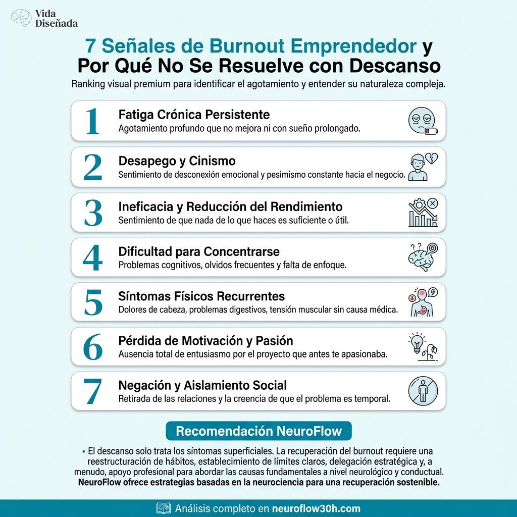 Infografía: 7 Señales de Burnout Emprendedor: Cómo Identificarlo y Por Qué Más Disciplina No Es la Solución