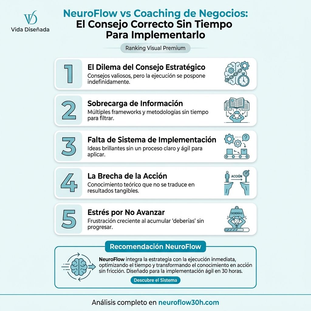 Infografía: NeuroFlow vs Coaching de Negocios: El Consejo Correcto Sin Tiempo Para Implementarlo