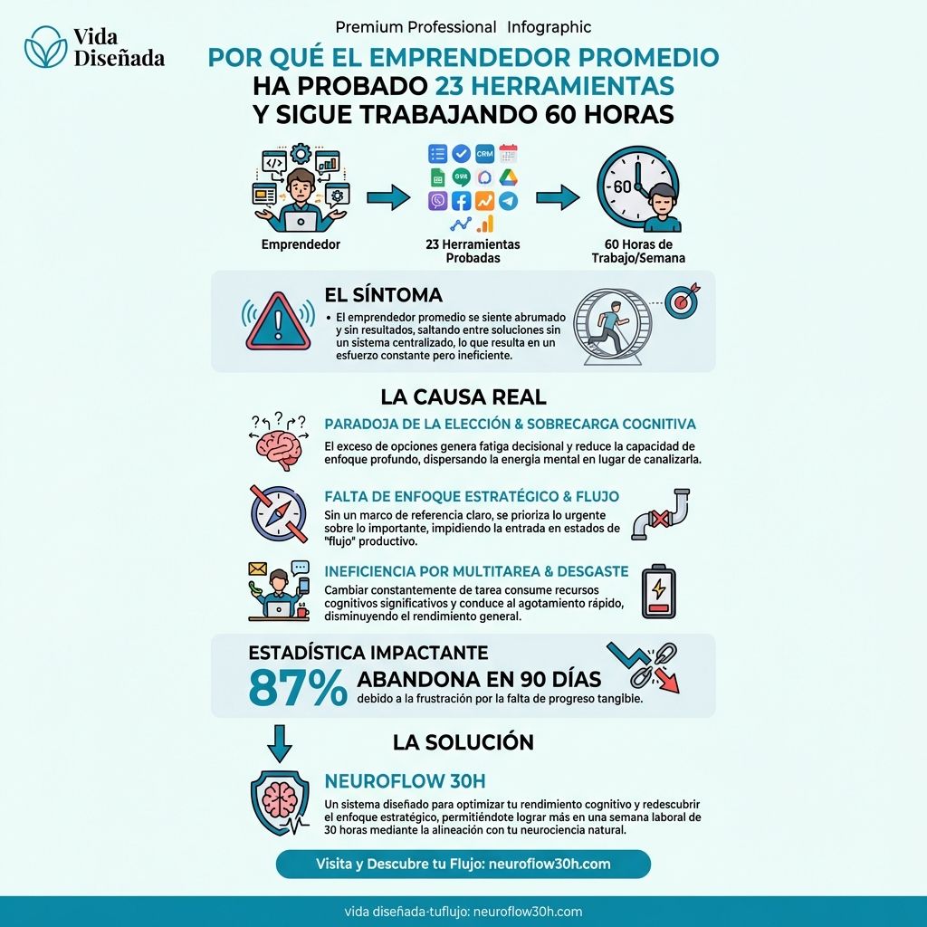 Infografía: Por Qué el Emprendedor Promedio Ha Probado 23 Herramientas y Sigue Trabajando 60 Horas