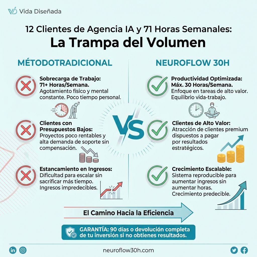 Infografía: 12 Clientes de Agencia IA y 71 Horas Semanales: La Trampa del Volumen