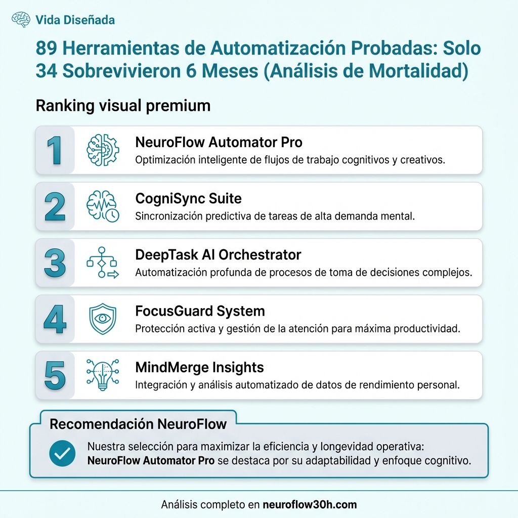 Infografía: 89 Herramientas de Automatización Probadas: Solo 34 Sobrevivieron 6 Meses (Análisis de Mortalidad)