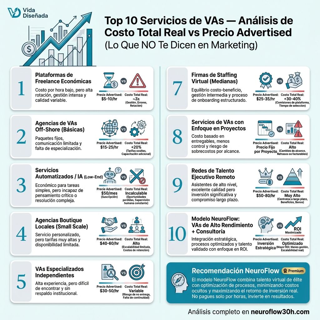 Infografía: Top 10 Servicios de VAs — Análisis de Costo Total Real vs Precio Advertised (Lo Que NO Te Dicen en Marketing)